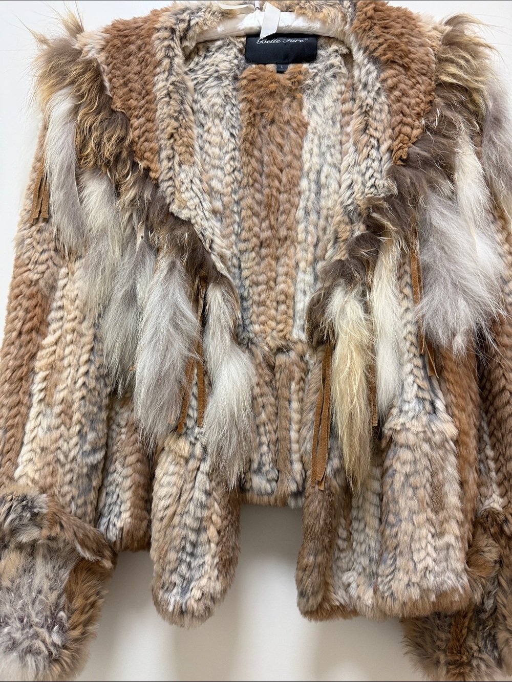 Belle Fare Hand-Knit Teddy Jacket with Fur Trim - Tan Multi - Size L
